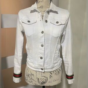 Sweet Look White Denim Jacket with Red/Green Stripe Detail | Size Small